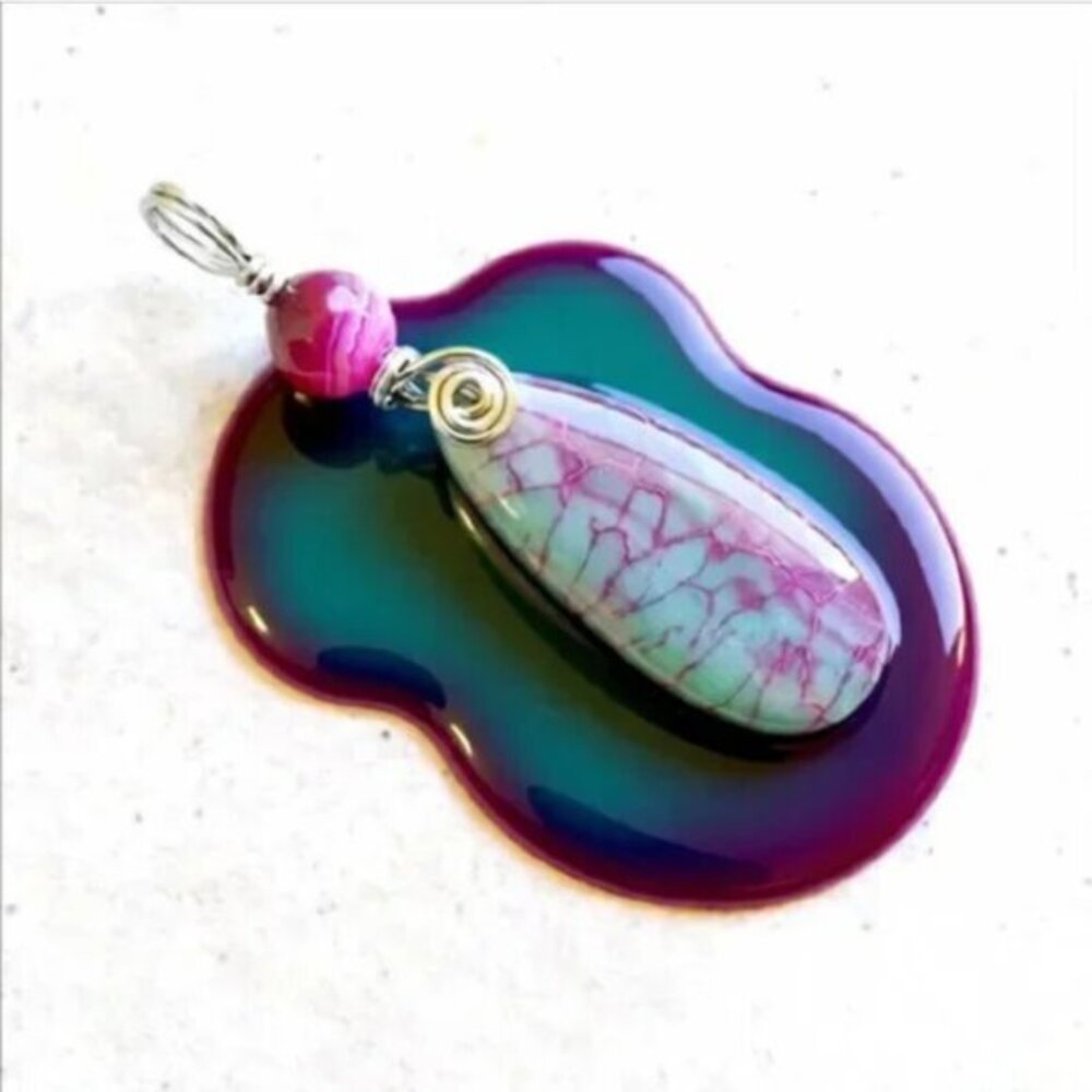STUNNING COLOR! OOAK Teal Pink Orchid Purple Veined Agate Teardrop Pendant